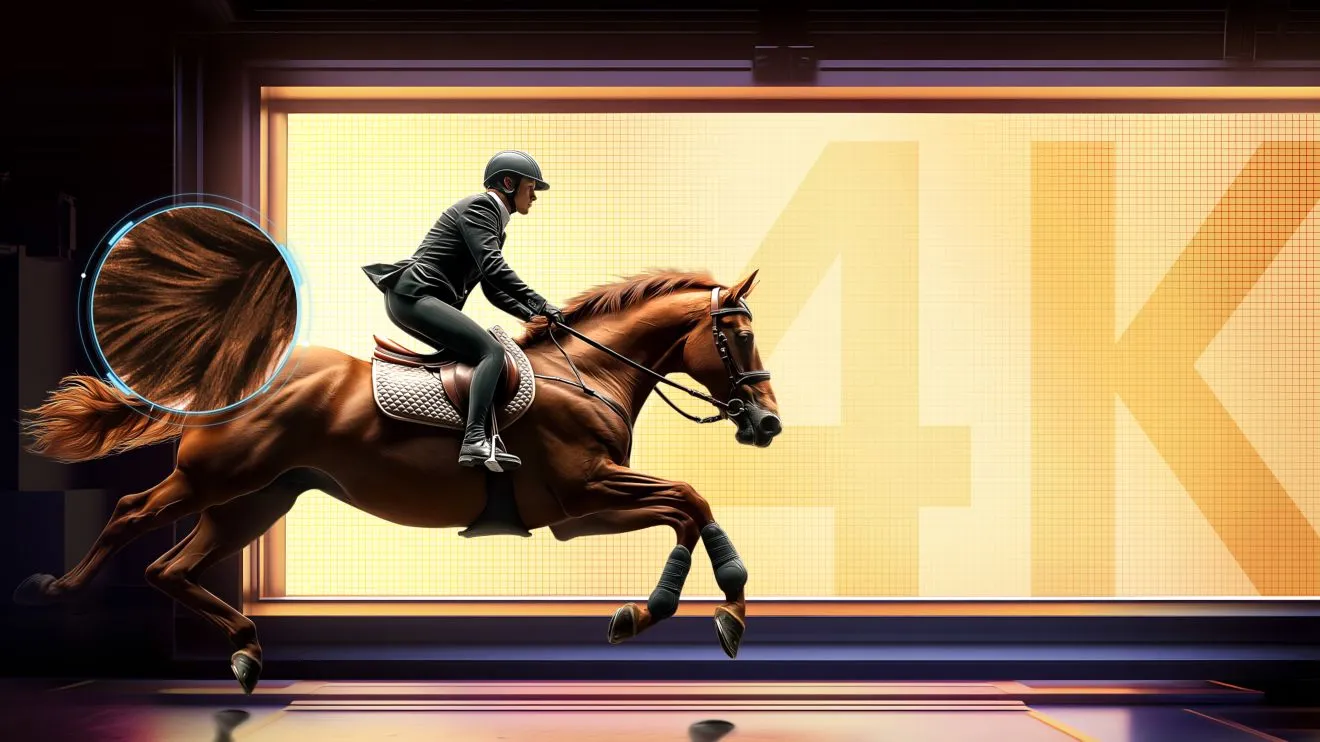 Woman riding on horse in front of 4K screen Woman riding on horse in front of 4K screen