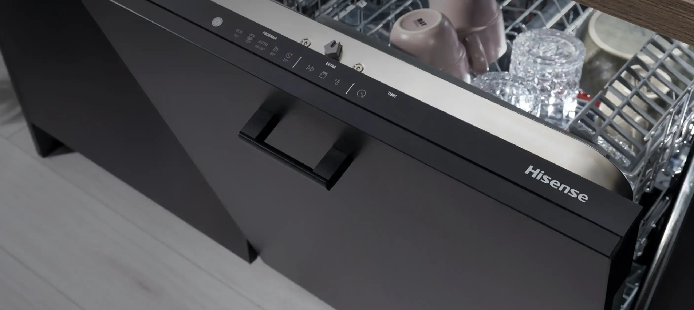 Hisense Dishwasher open showing dishes Hisense Dishwasher open showing dishes