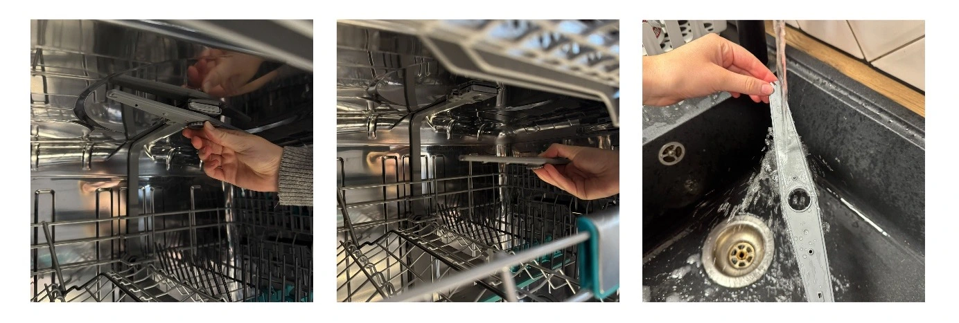 Image showing step by step guide to cleaning dishwasher arm Image showing step by step guide to cleaning dishwasher arm