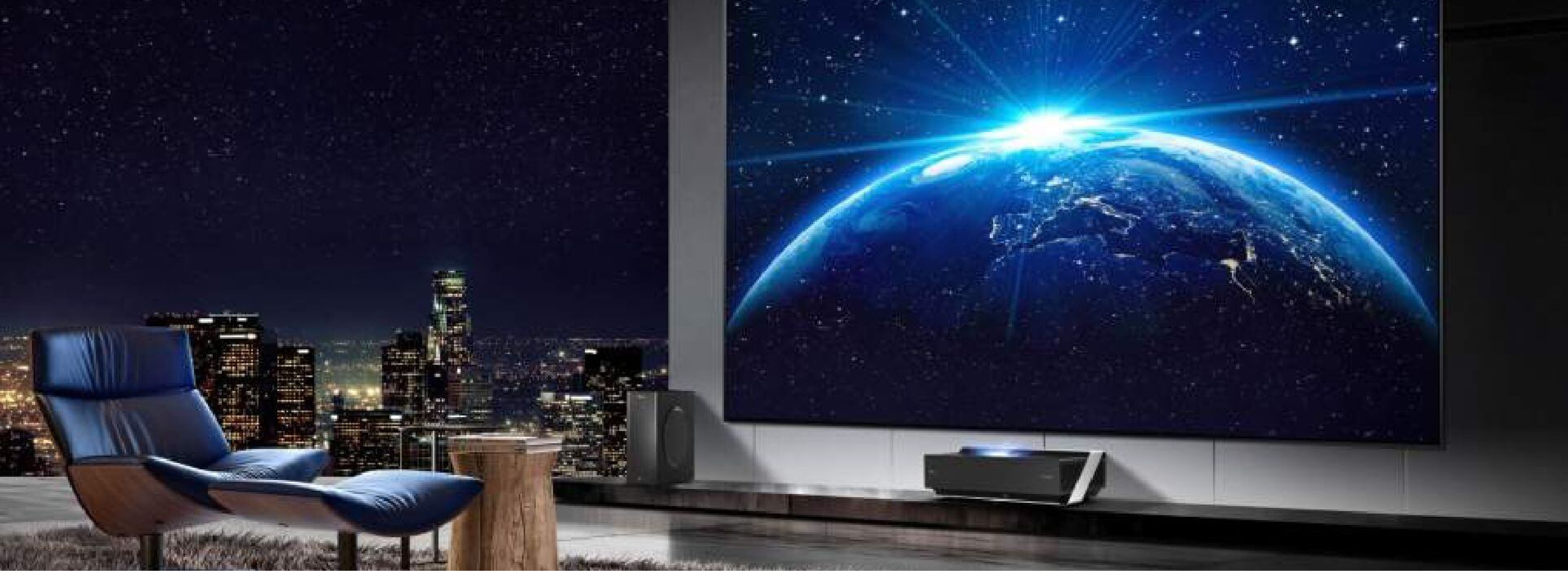 Hisense television in living room showing image of the Earth in silhouette Hisense television in living room showing image of the Earth in silhouette