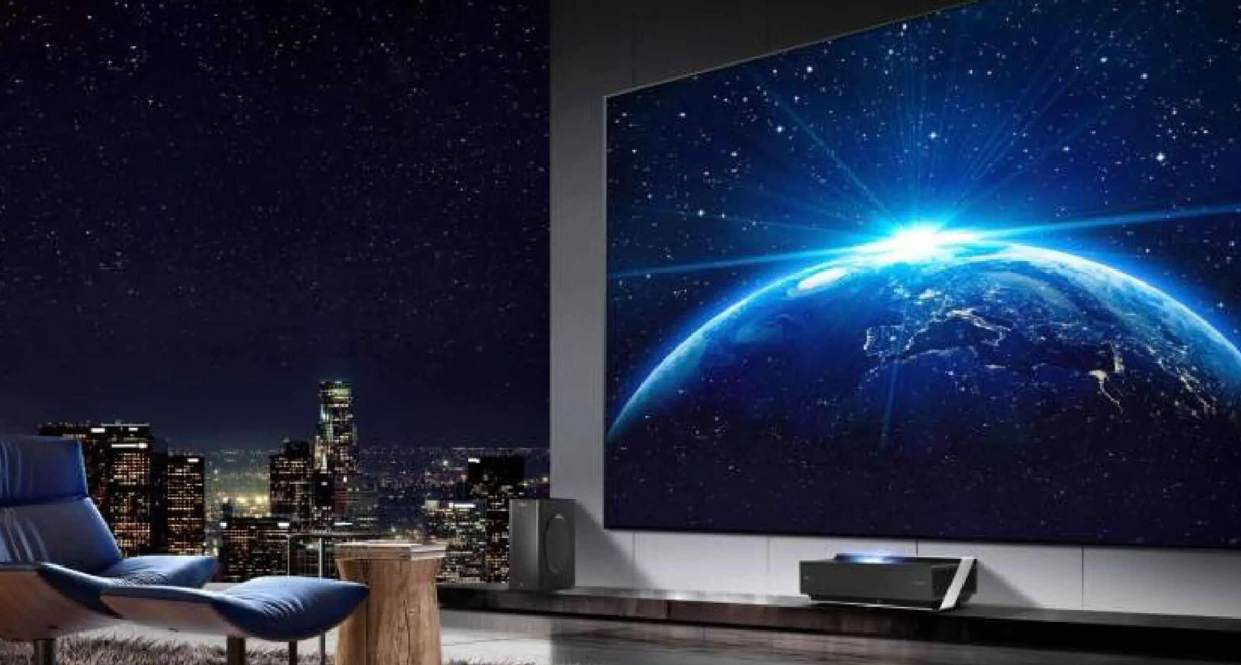 Hisense television in living room showing image of the Earth in silhouette Hisense television in living room showing image of the Earth in silhouette