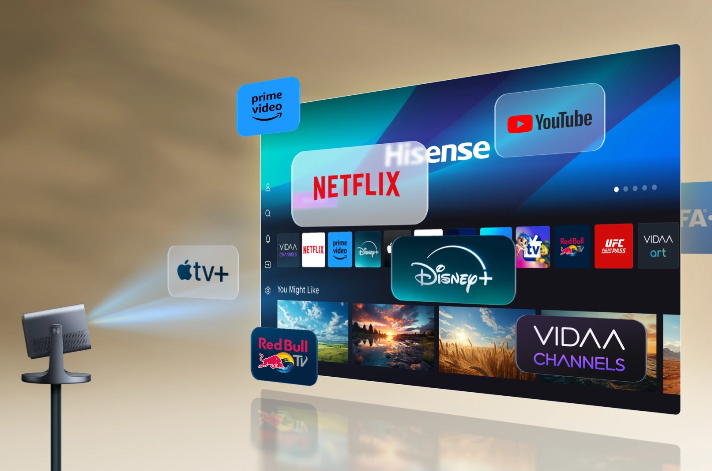 Hisense TV shown with various partner apps highlighted including Netflix, Youtube and Disney Hisense TV shown with various partner apps highlighted including Netflix, Youtube and Disney
