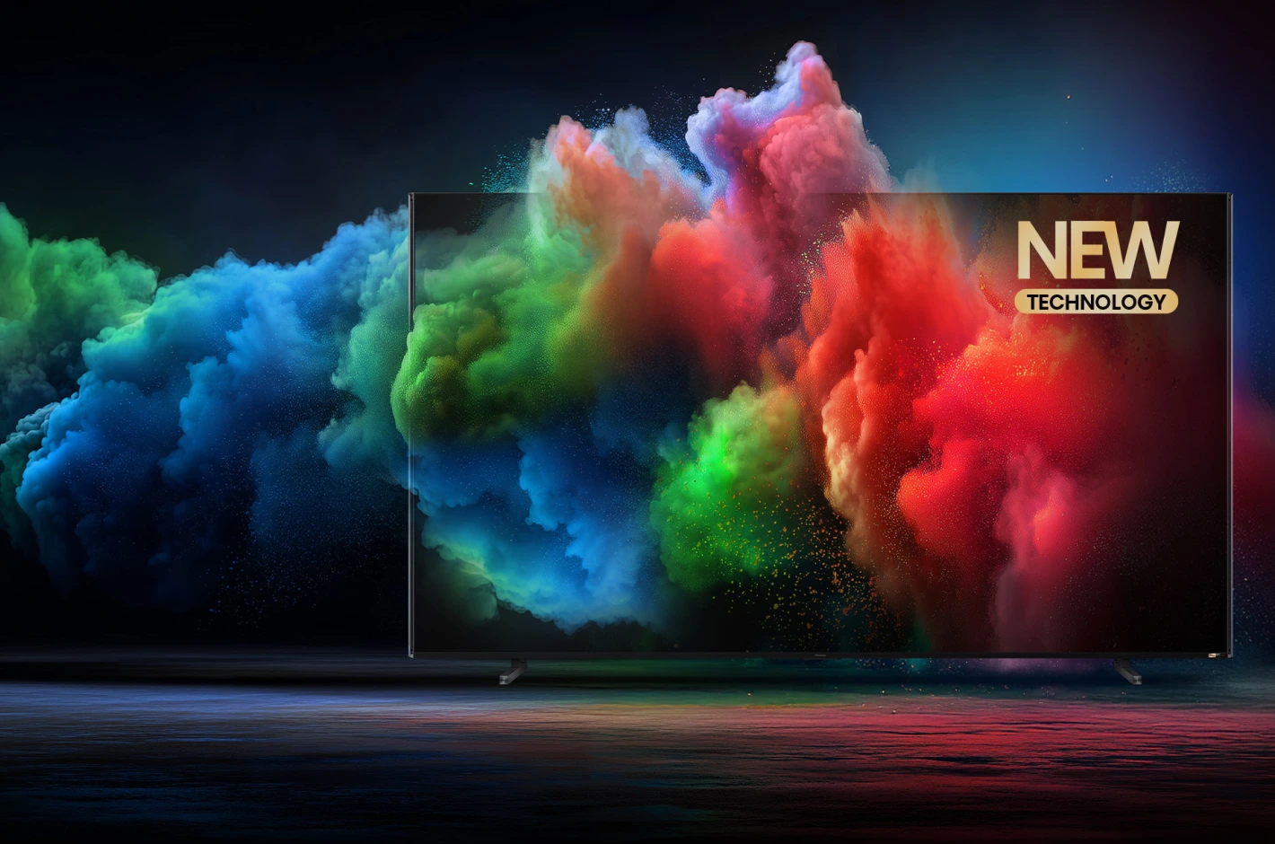 Hisense TV shown with colour bombs of colour to express depth of colours on Hisense TVs Hisense TV shown with colour bombs of colour to express depth of colours on Hisense TVs