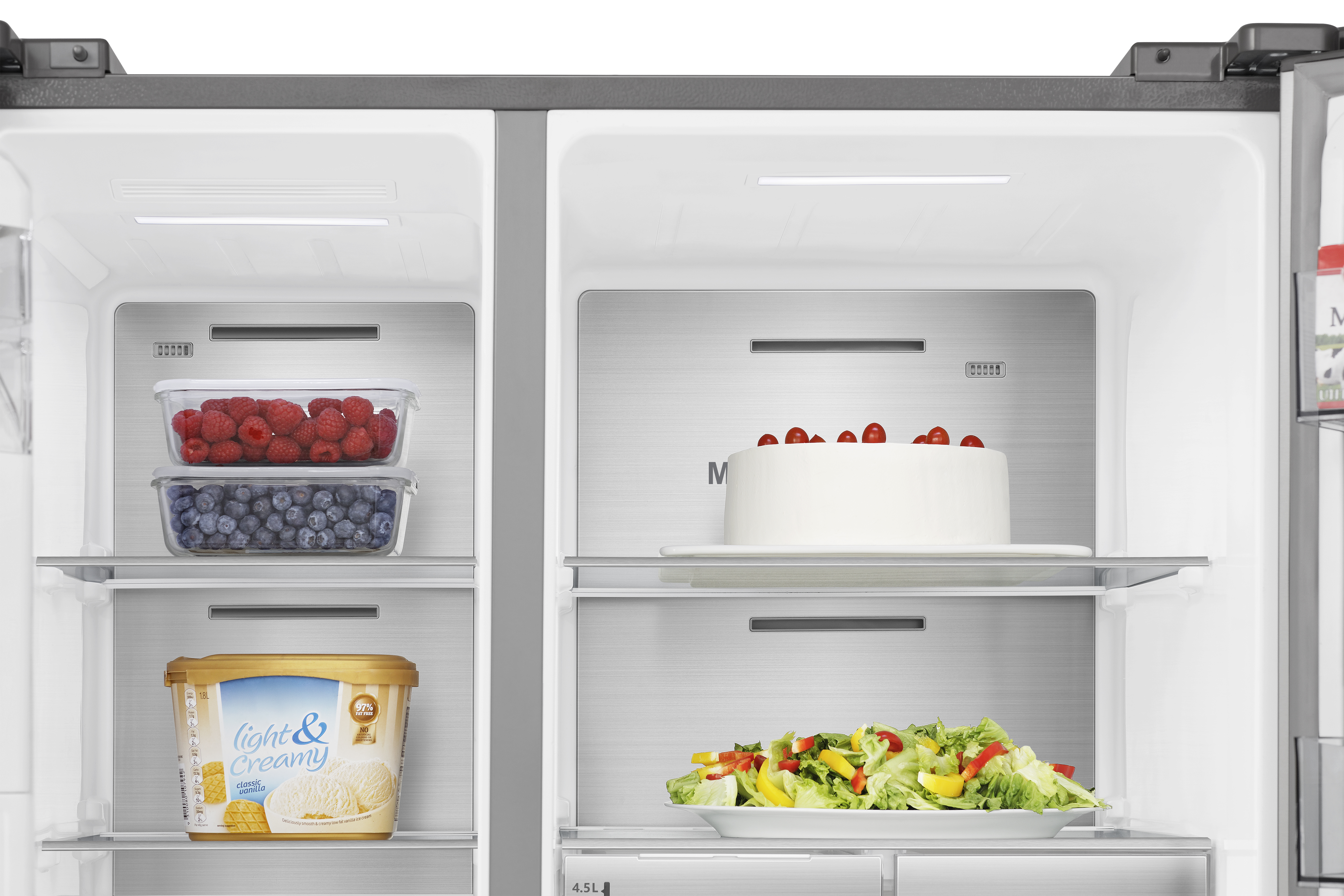 A close up of the wide shelves of the RS818 fridge