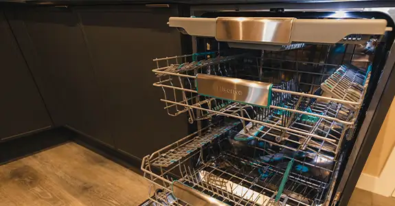 Open Hisense dishwasher in kitchen Open Hisense dishwasher in kitchen